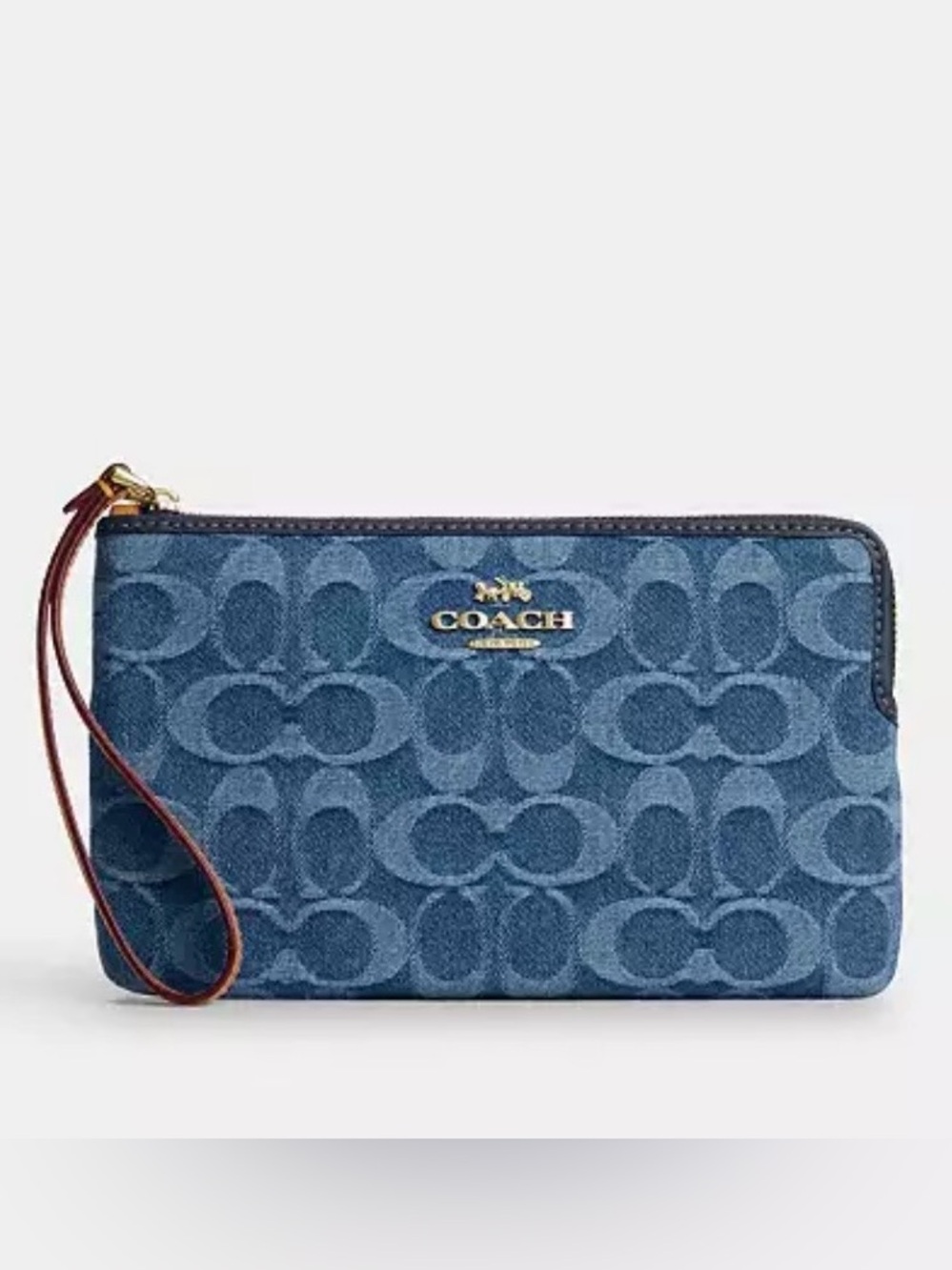 Coach Denim Signature Wristlet in Blue with Gold Logo